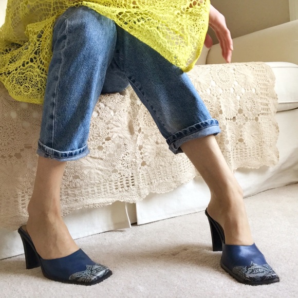 Pegabo Shoes - Leather western square toe snakeskin toe mule heel